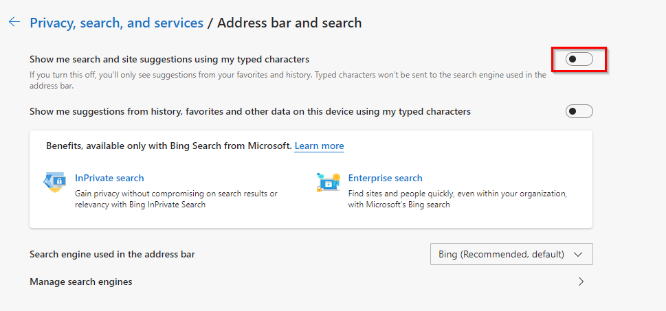 turn off search and site suggestions in Edge browser