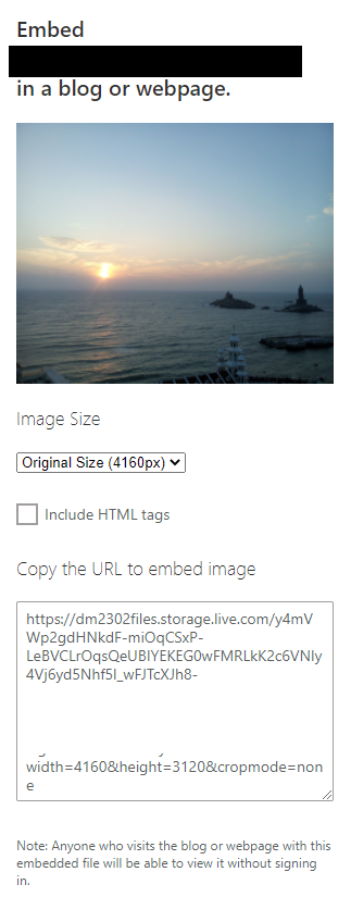 embed link generated for photo stored in OneDrive