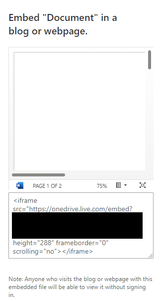 embed link generated for document stored in OneDrive