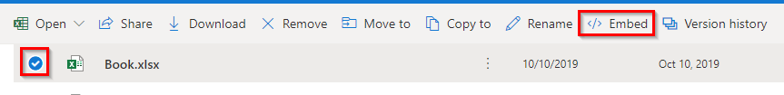 choosing the workbook to embed from OneDrive