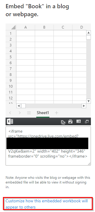 embed link generated for workbook and spreadsheet stored in OneDrive