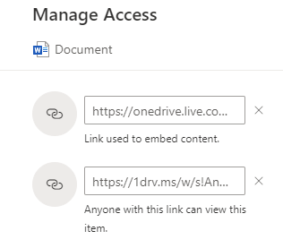 different links for sharing and embedding OneDrive content