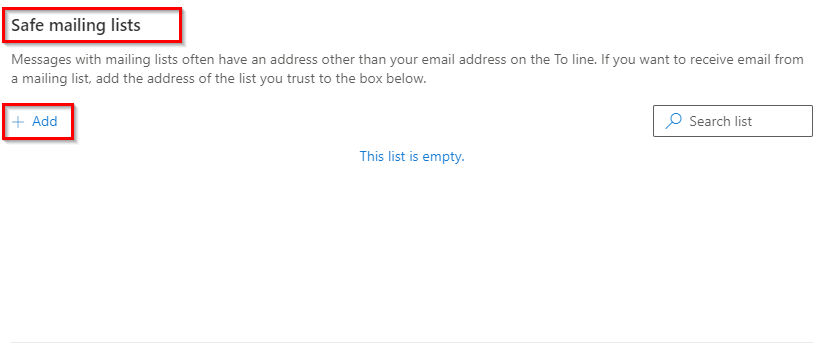 safe mailing lists option in Outlook.com