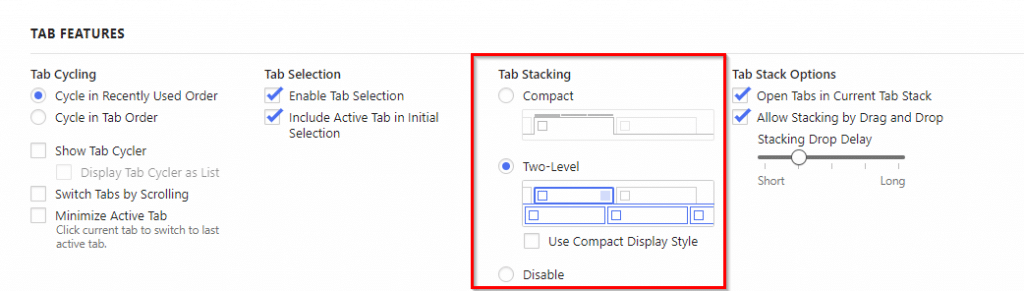 choosing between different tab stacking options in vivaldi