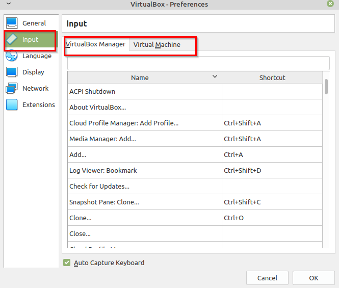 input settings for VirtualBox for Linux