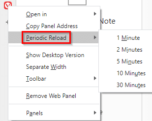 enable auto reloading of websites in Vivaldi web panel 