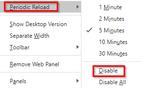 disable periodic reload of websites from the Vivaldi web panel