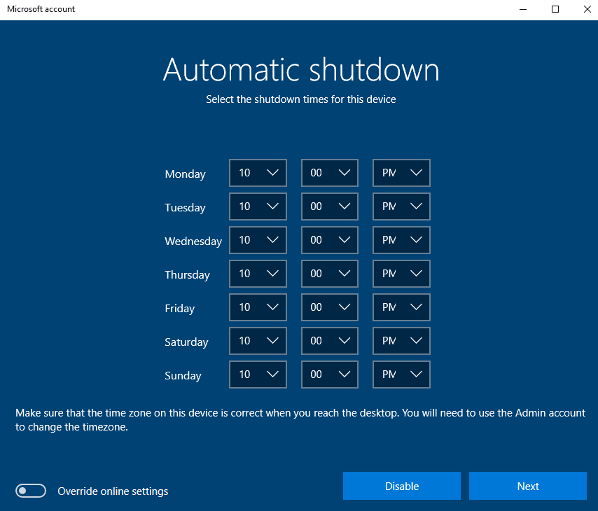 configuring PC shutdown schedule for retail demo experience in Windows 10