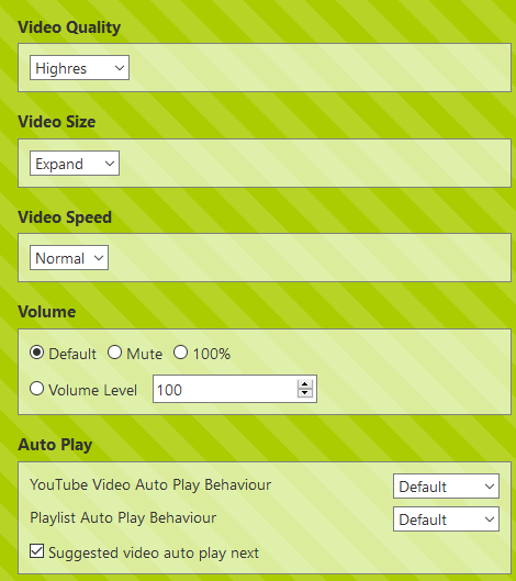 various settings in YouTube High Definition add-on