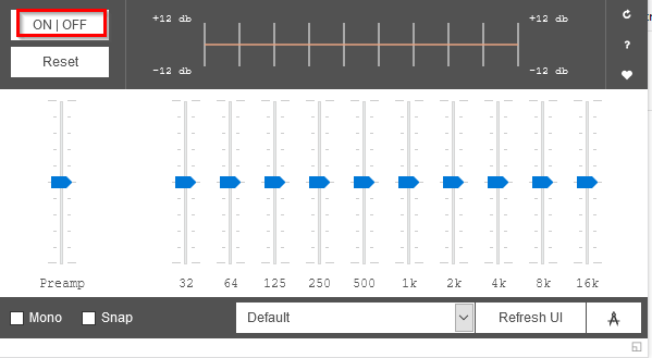 Audio Equalizer pop-up for configuring presets and sound settings