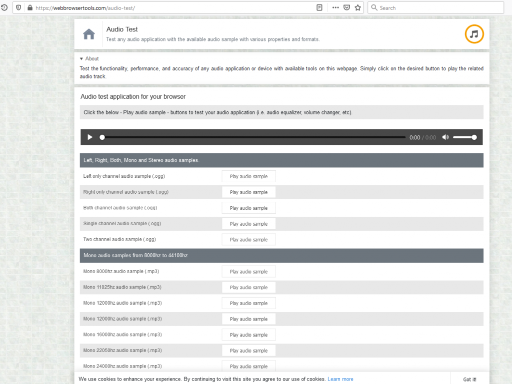 sound test page for Audio Equalizer add-on