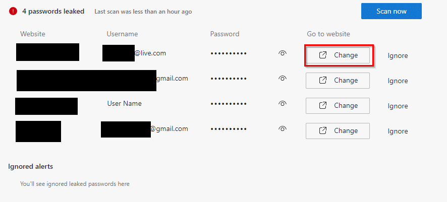 leaked passwords detected using Password Monitor