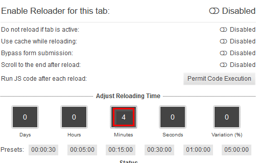 using a custom interval for tab auto-reload using Tab Reloader