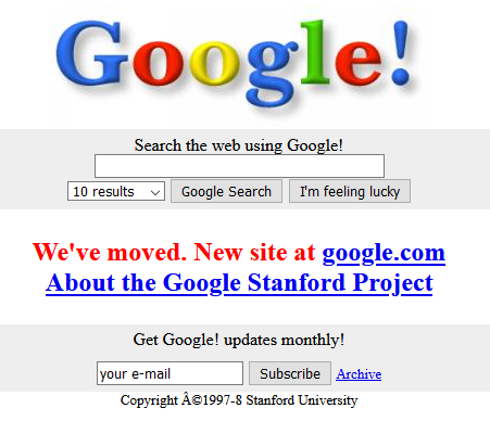 Google homepage from 1997