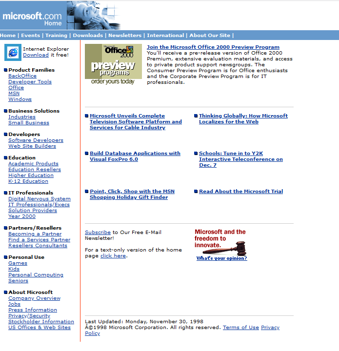 Microsoft homepage from 1998