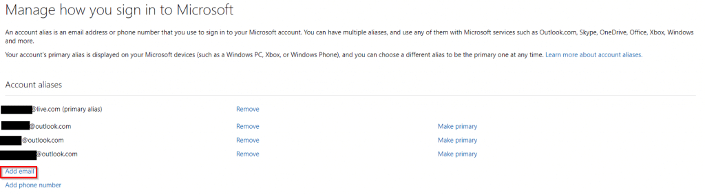 adding an email alias in Outlook.com