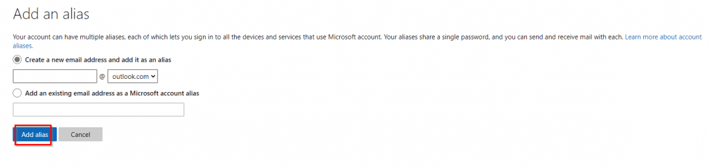 choosing an email alias in Outlook.com