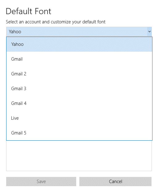 choosing the email account for which the font settings need to be changed in Windows 10 Mail app