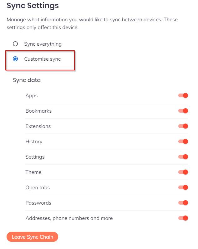 choosing what to sync in Brave