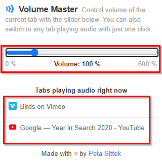 Chrome tabs with audio will be displayed in Volume Master and can be accessed from there