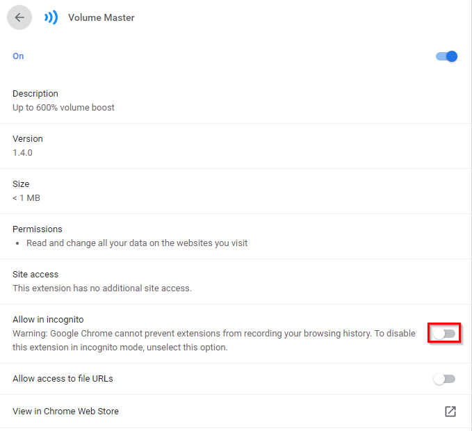 enable Volume Master in Chrome incognito mode