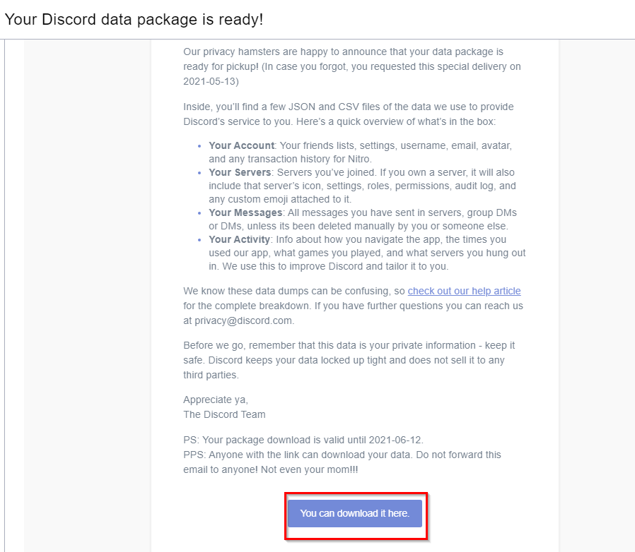 Discord data package ready for download 