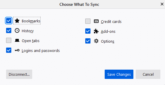 choosing what to sync in Firefox