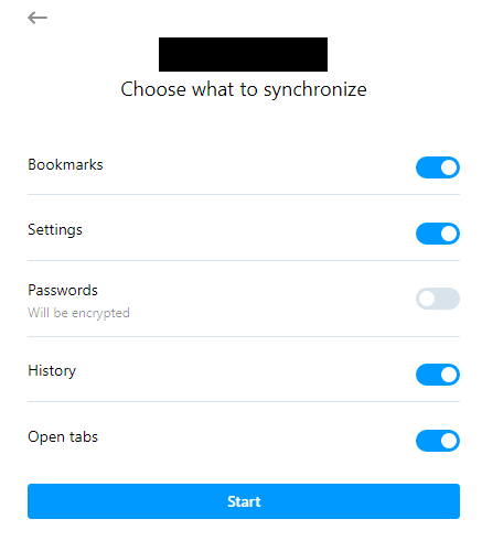 choosing what to sync in Opera