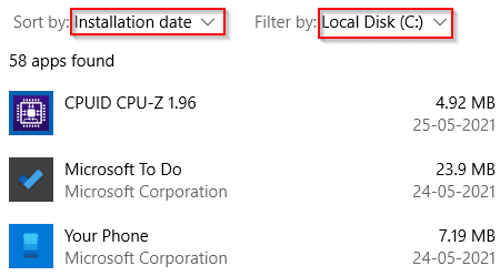 listing apps to be uninstalled by date installed in Windows 10