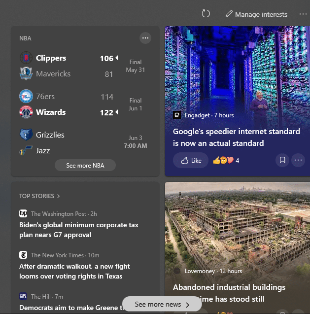 tailored News and interests widget in Windows 10 taskbar