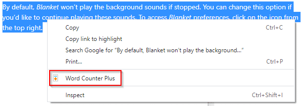 select text and right-click to bring up Word Counter Plus option