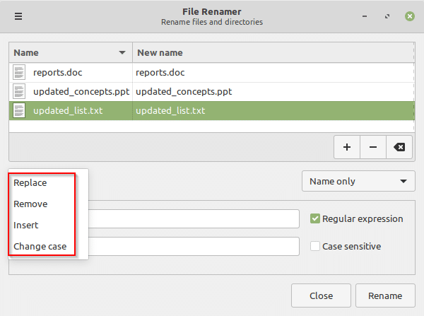 replace, remove, insert or change case for file names