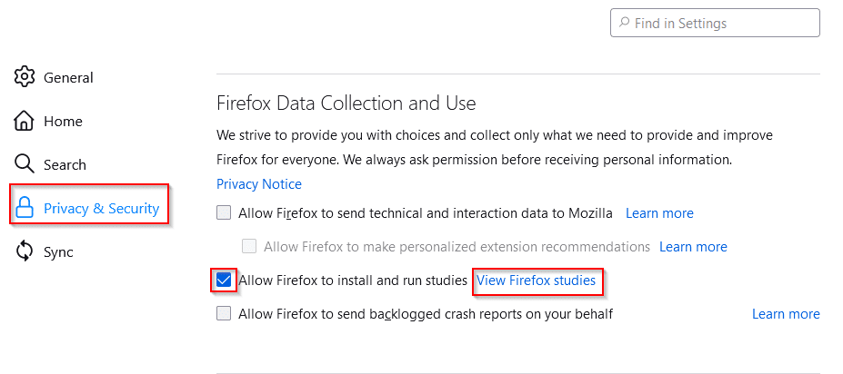 enable or disable Firefox studies