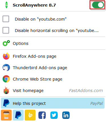 ScrollAnywhere is enabled by default for all websites