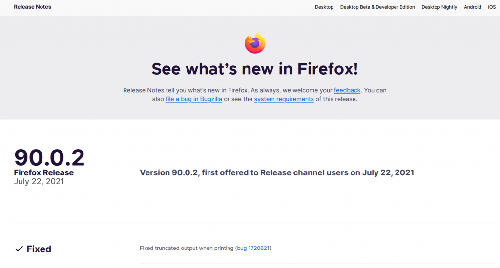 firefox release notes for different versions