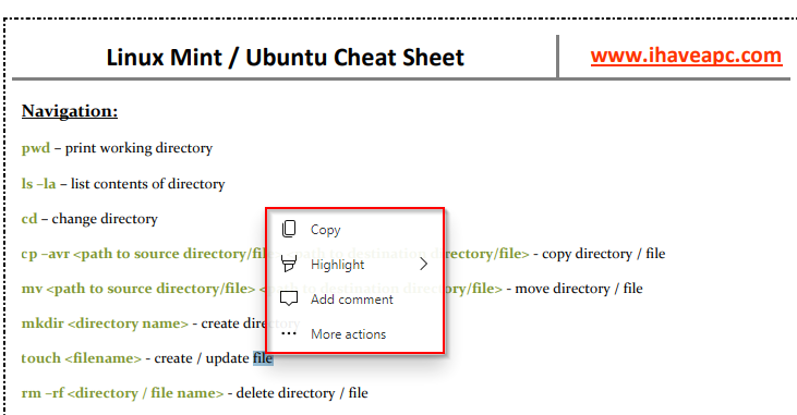 mini menu on text selection in PDF documents