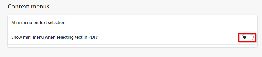 turn off mini menu for text in PDFs