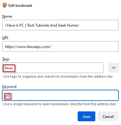 adding tags and keywords to Firefox bookmarks