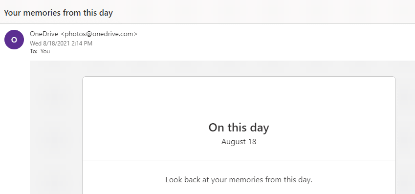 OneDrive memories email notification