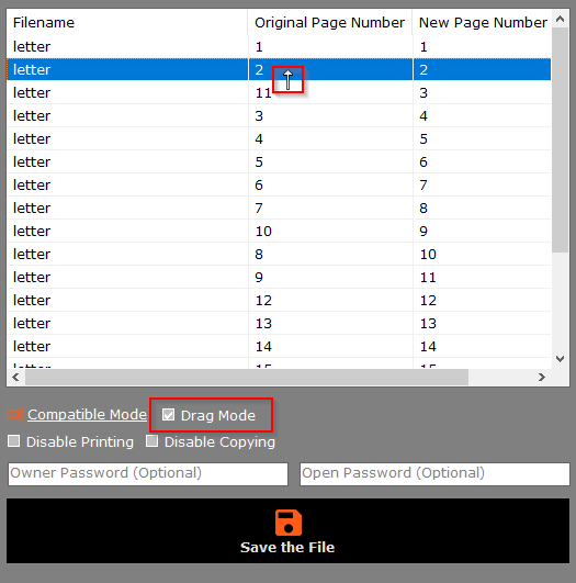 using the drag mode in PDF Mixer