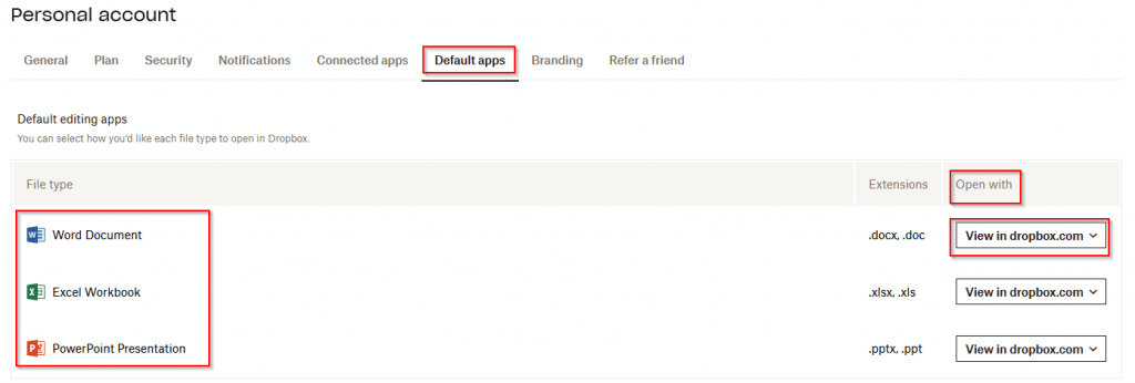 Default editing apps for Dropbox documents
