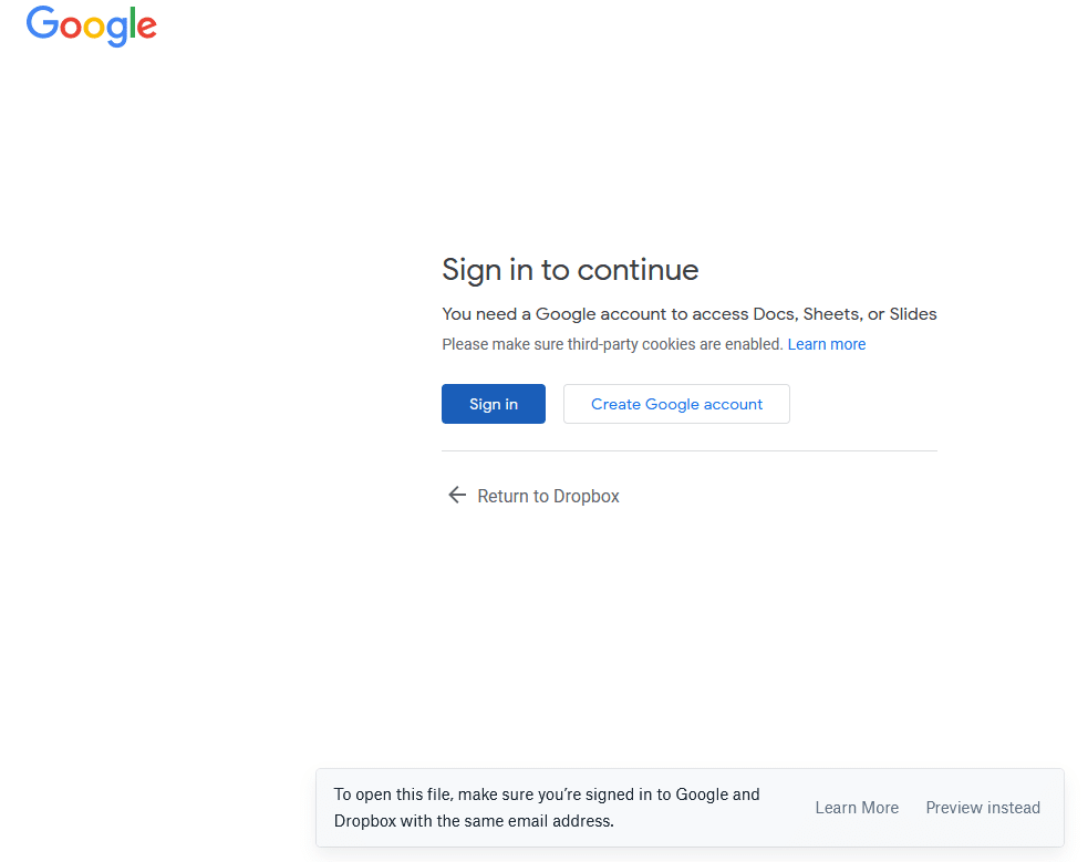 same sign-in email is needed for Dropbox and Google for editing documents