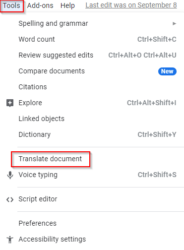 google docs translate feature