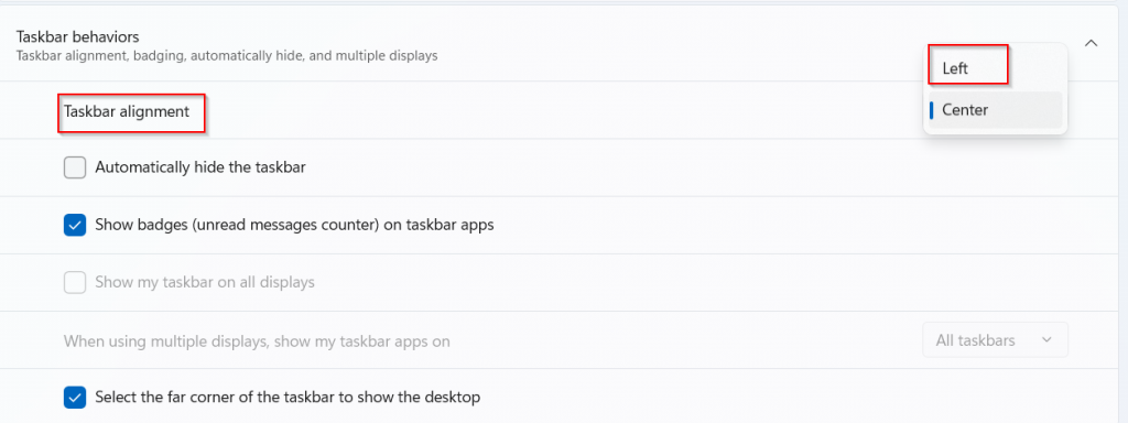 change the taskbar alignment in windows 11