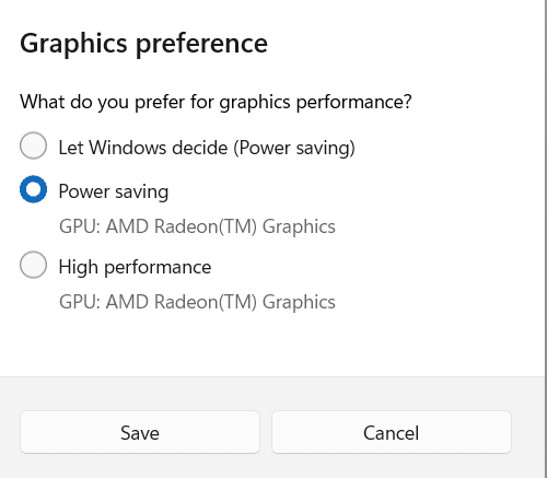 different options for graphics preferences