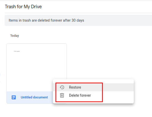 selectively delete and restore items in Google Drive