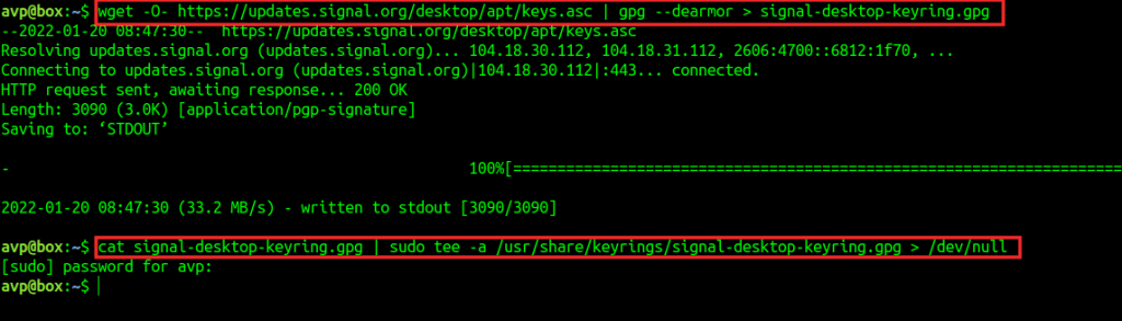 installing the public key for Signal and adding the official repository 