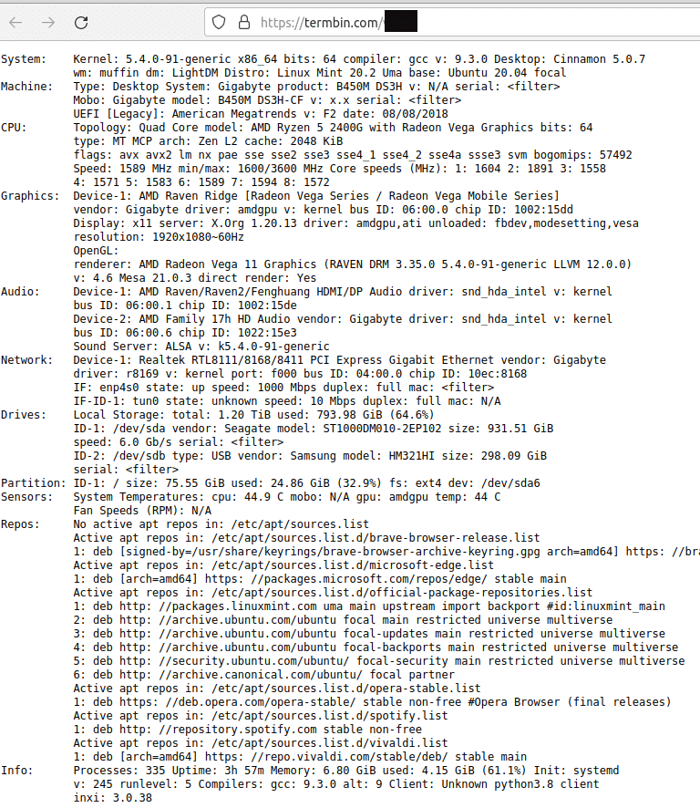 termbin paste with the uploaded linux mint system info