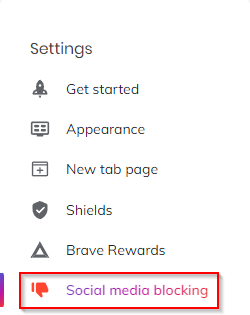 Social media blocking settings in Brave browser