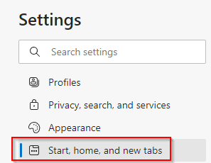 start, home and new tabs settings in edge browser